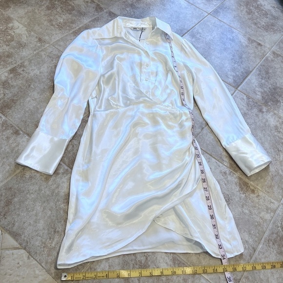 NWT Zara Satin Effect Mini Dress Long Sleeve White Sexy V Neck Collared Button S - Picture 8 of 12